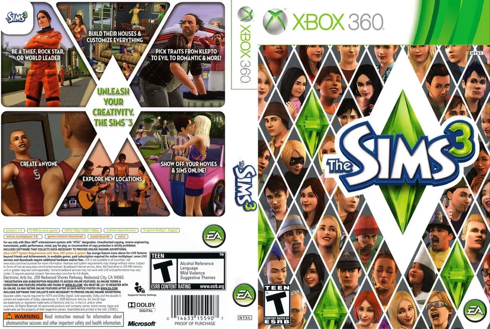 The Sims 3 Xbox 360 game case, showing the back and front covers.