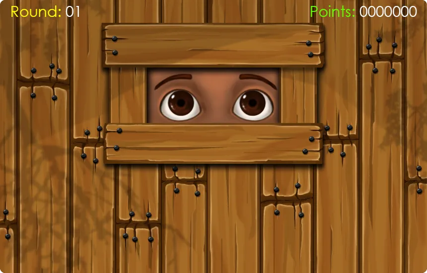 Screen from a game: a pair of eyes peeking through a gap in wooden boards, with Round 01 at the top left and Points at the top right.