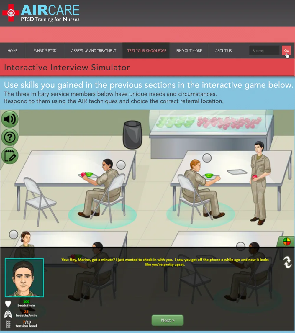 AIR Care PTSD Training for Nurses website showing the Interactive Interview Simulator: a cafeteria scene with service members at tables and a dialogue box at the bottom.