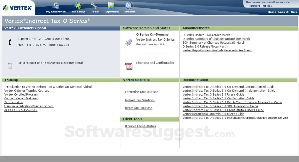 The Vertex Indirect Tax O Series home screen, with panels for customer support, software version, announcements, training, solutions and documentation.