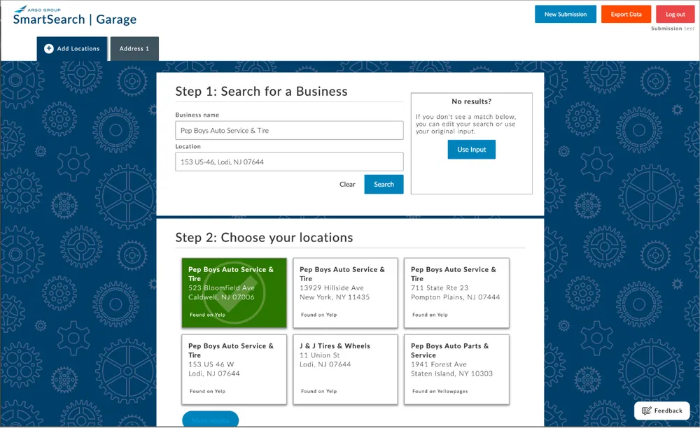 The Argo Group SmartSearch Garage screen: Step 1 is a search form for a business name and location, and Step 2 shows a grid of matching auto service locations to choose from.