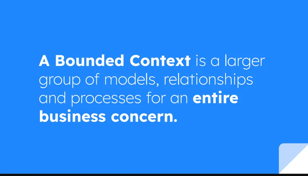 A blue slide reading: A Bounded Context is a larger group of models, relationships and processes for an entire business concern.