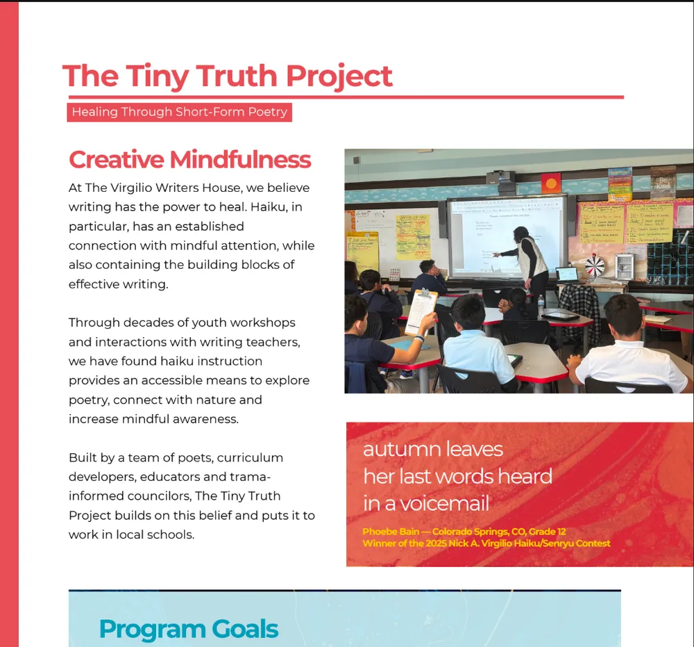 A page from The Tiny Truth Project prospectus, titled Healing Through Short-Form Poetry, with a photo of students in a classroom watching a teacher at a smartboard and a student's haiku on a red background.